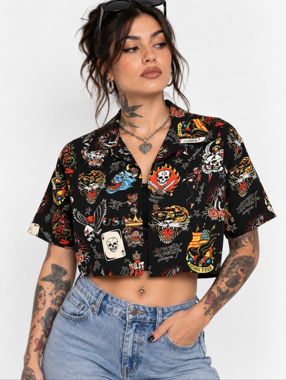 Ed Hardy Flashboard Black Tattoo Print Crop Button Up Shirt Size L